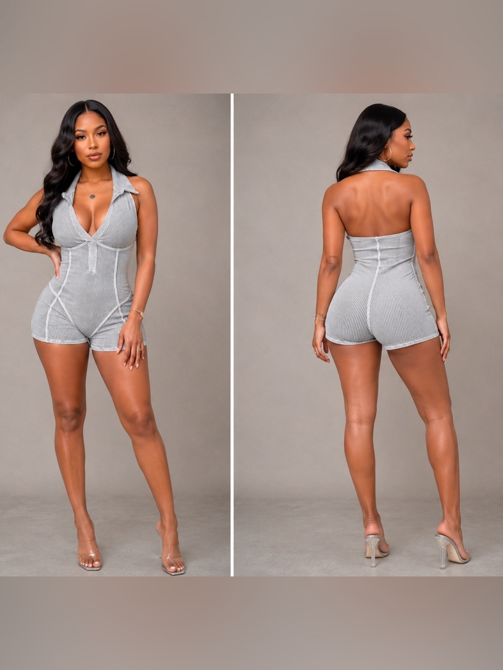 Ribbed Collared Halter Romper in Light Gray